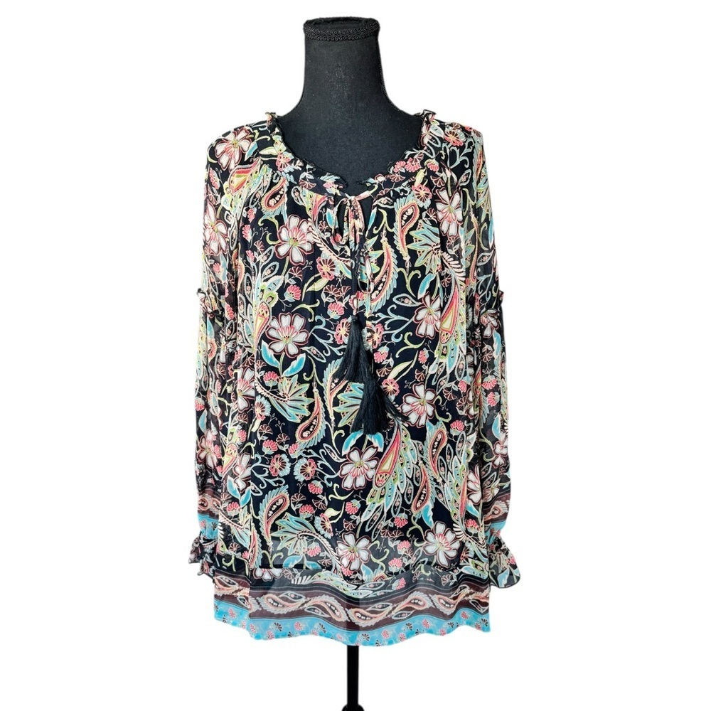 Sundance 100% Silk Blouse L Artisan Floral Tassel Top Luxe Boho Capsule Wardrobe